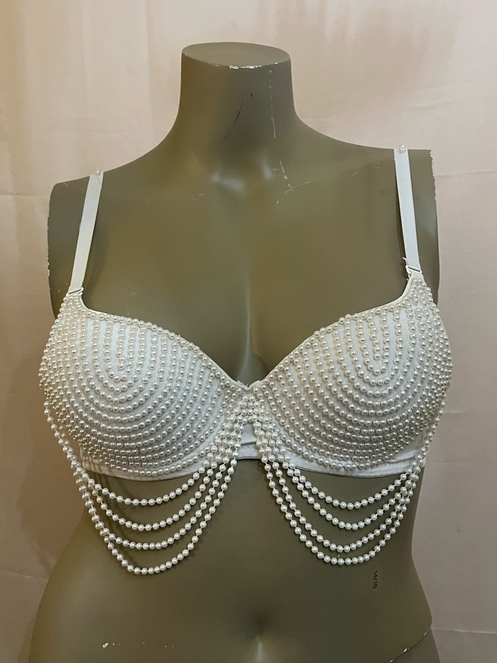 Windsor White Pearl-Embellished Bra with Draped Bead Strands